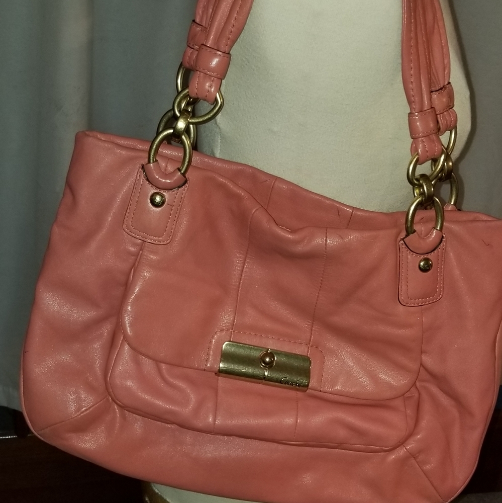 Coral color Leather Coach shoulder Handbag